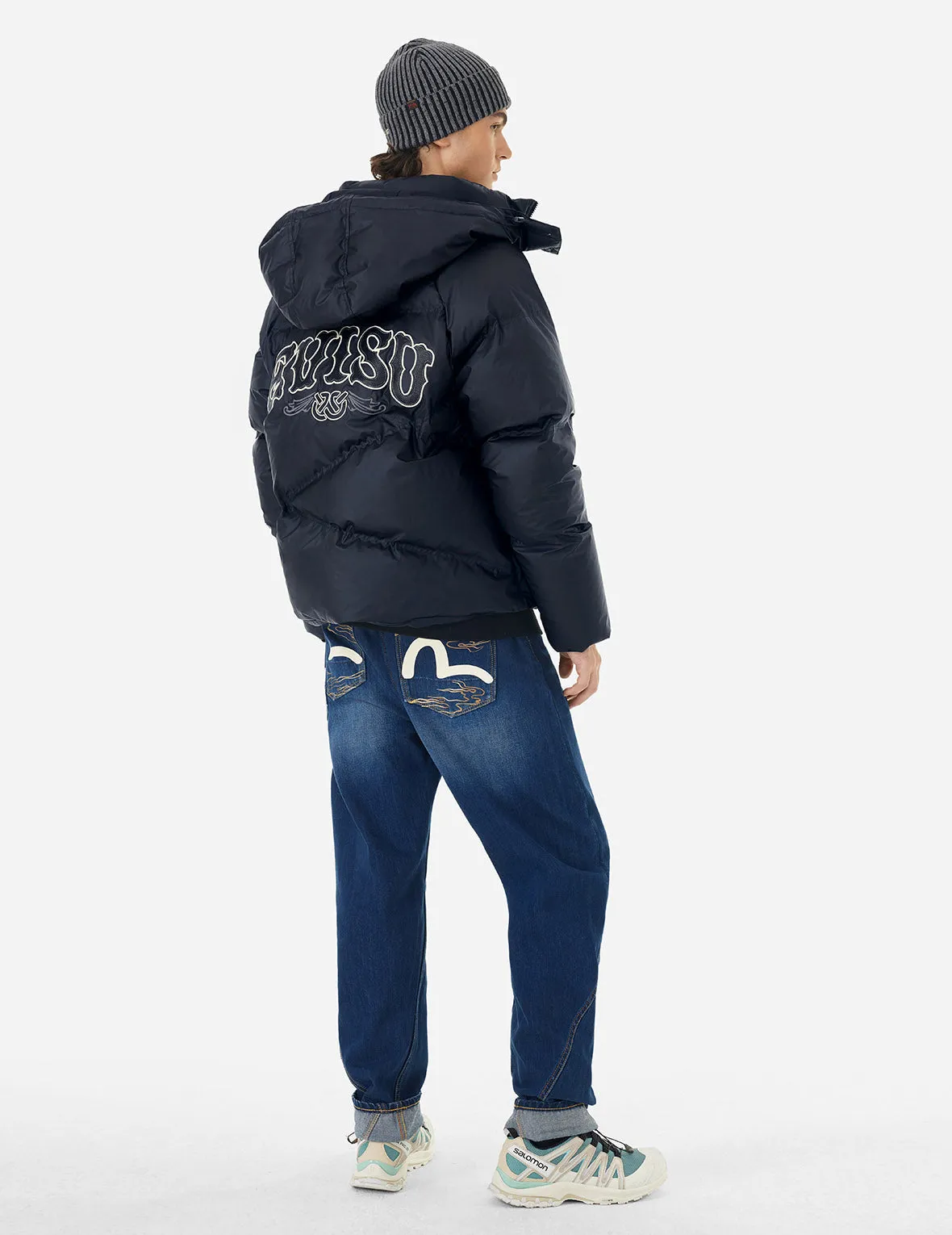 Logos and Wheel of Wisdom Embroidery Fashion Fit Down Jacket