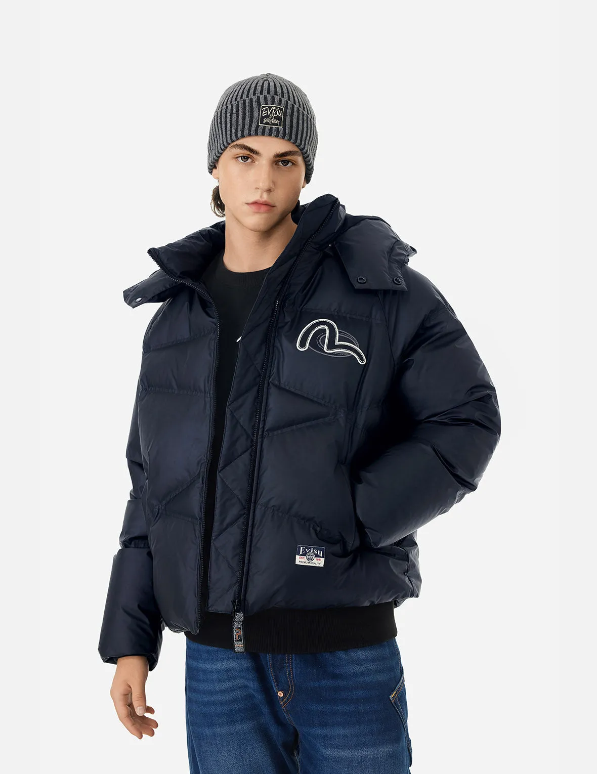 Logos and Wheel of Wisdom Embroidery Fashion Fit Down Jacket