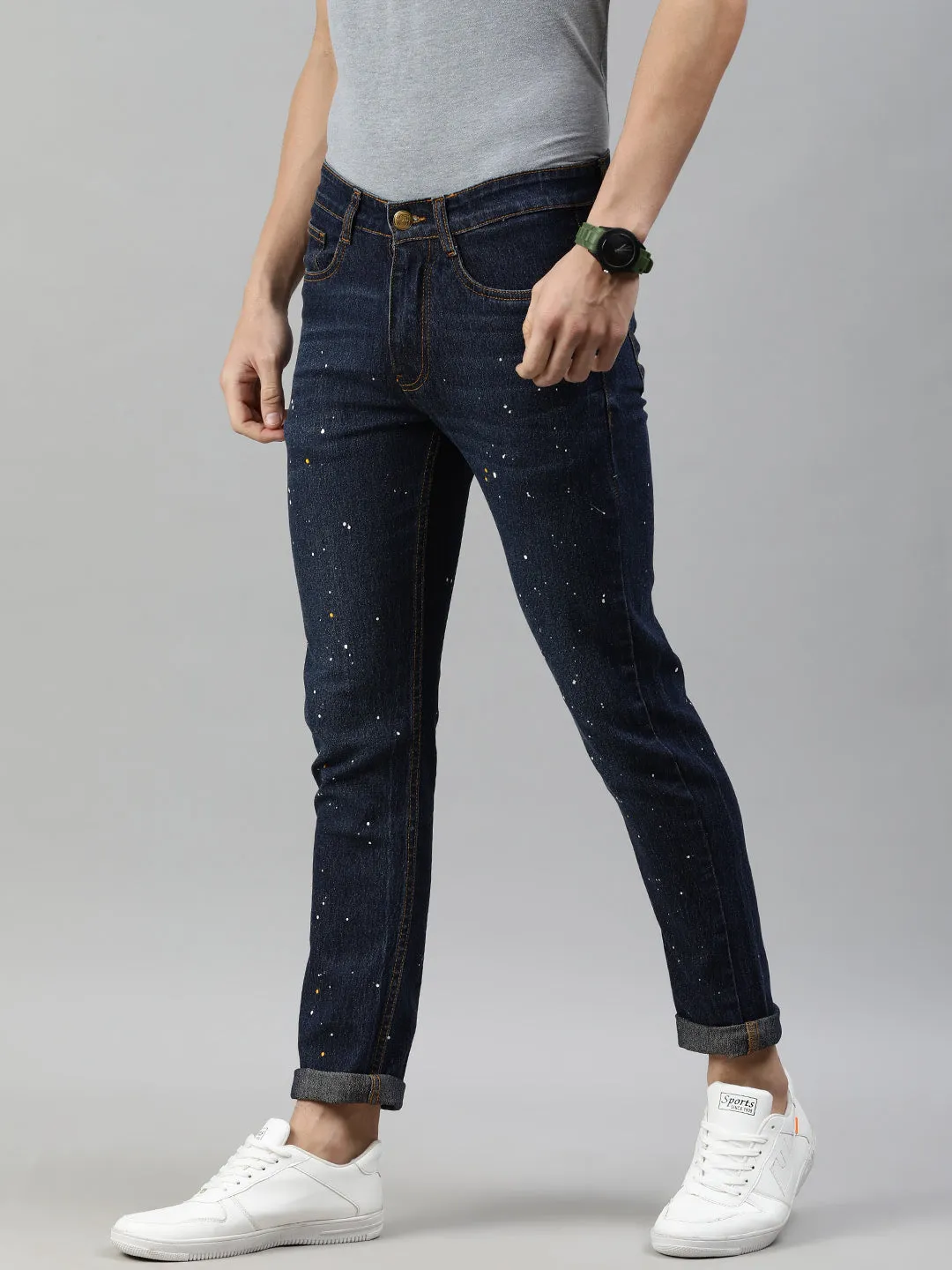 Men's Blue Slim Fit Washed Splatter Printed Jeans Stretchable