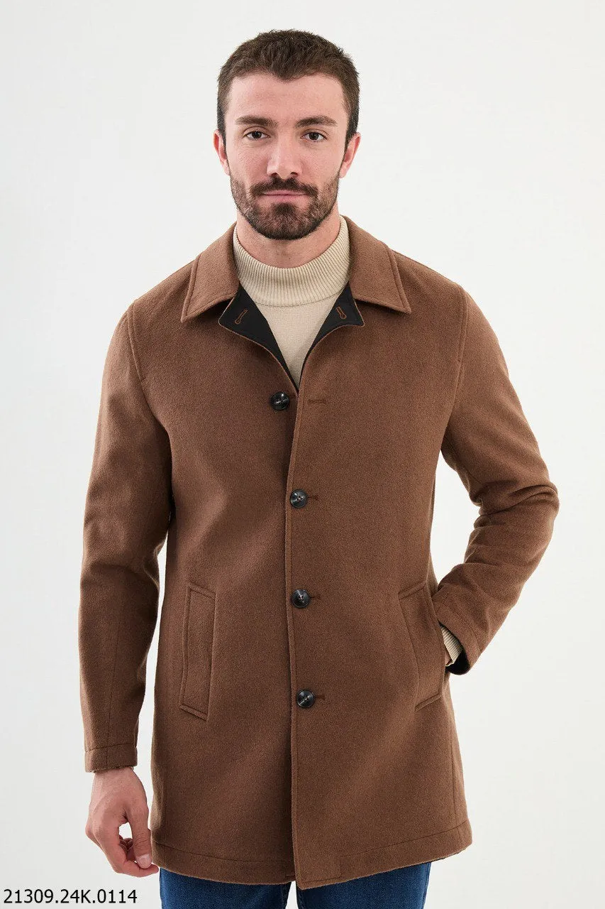 Men's Camel Brown Button-Down Cotton Blend Winter Coat