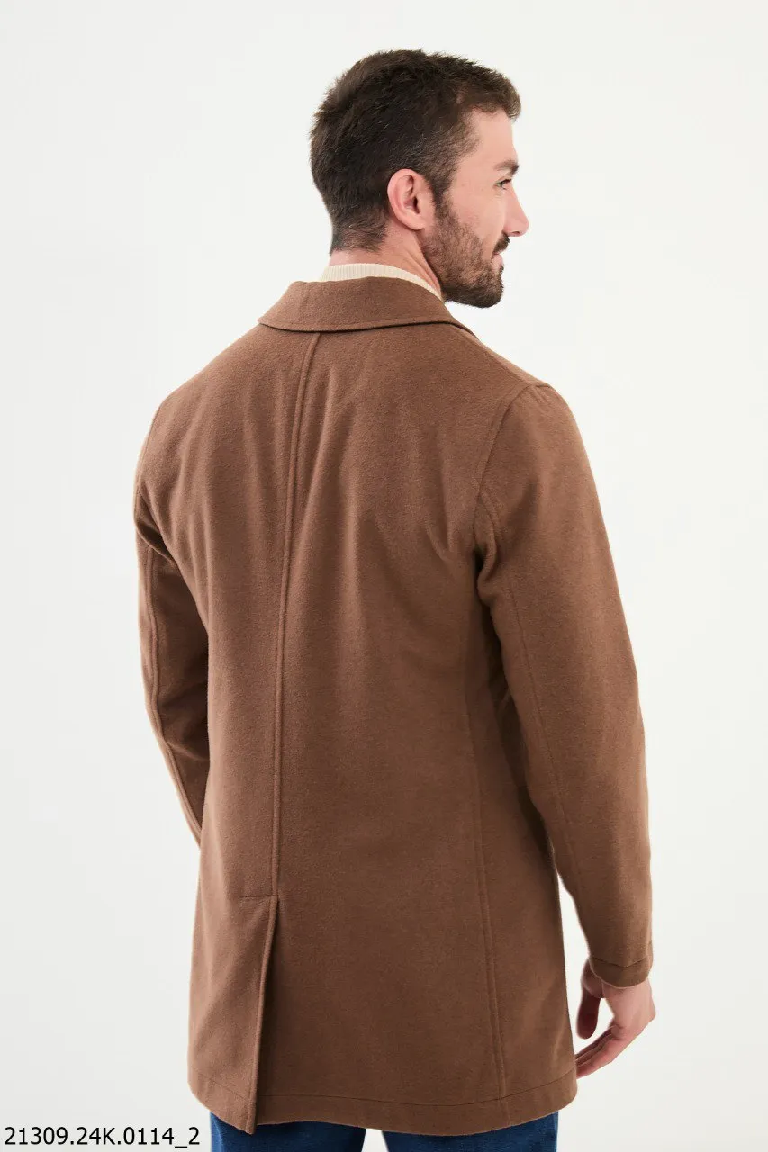 Men's Camel Brown Button-Down Cotton Blend Winter Coat