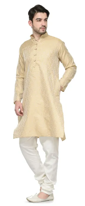 Men's Jacquard Silk Kurta Pajama India Clothing (Golden)