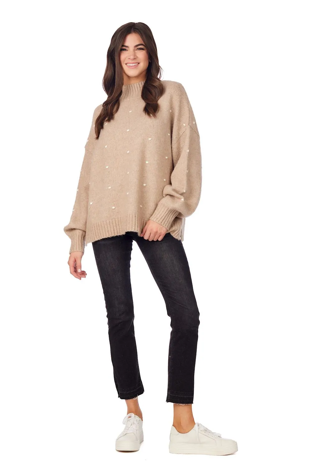 Mudpie Tan Novie Pom Pom Sweater