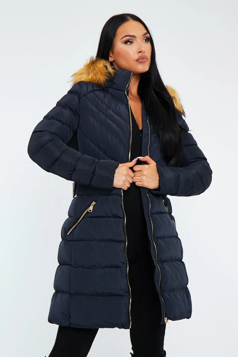 Navy Blue Fur Hood Contrast Panel Puffer Coat - Chelsie