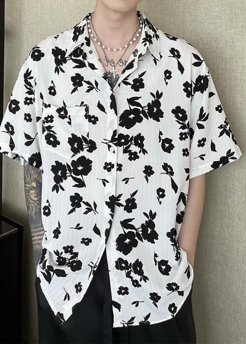 New Coffee Peter Pan Collar Print Men Hawaiian Shirts Summer