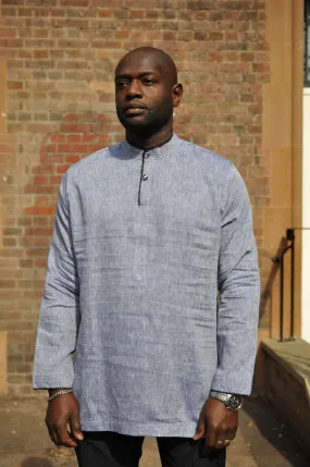 Olayemi Grey Long Sleeve Linen Polo Shirt - African Clothing Store | JT Aphrique