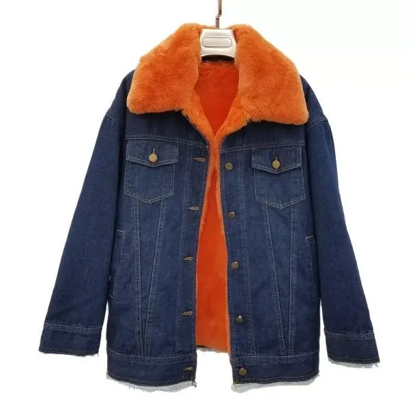 Oversized denim coat for women with detachable inner fur