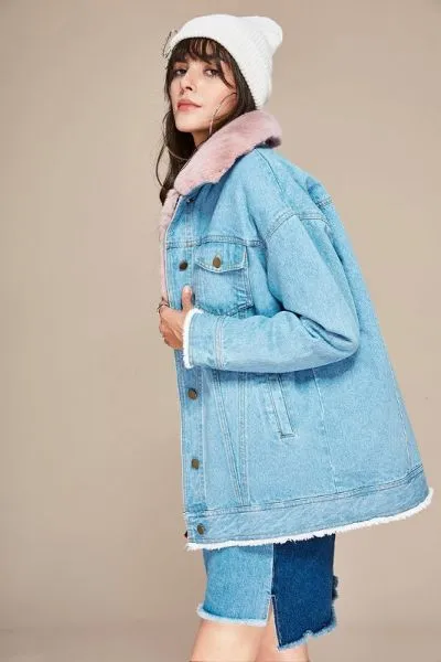 Oversized denim coat for women with detachable inner fur