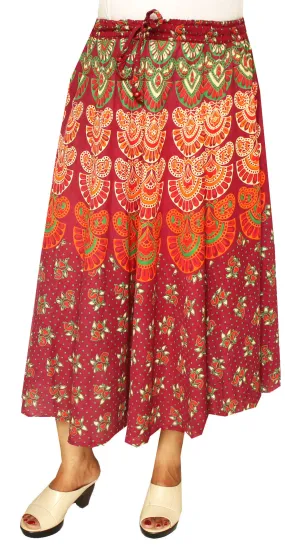 Printed Cotton Womens Long Skirt Indian Clothing (Maroon)