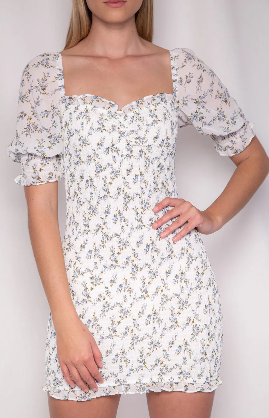 Printed Shirred Dress with Bubble Sleeve and Frill Details (WDR216A)