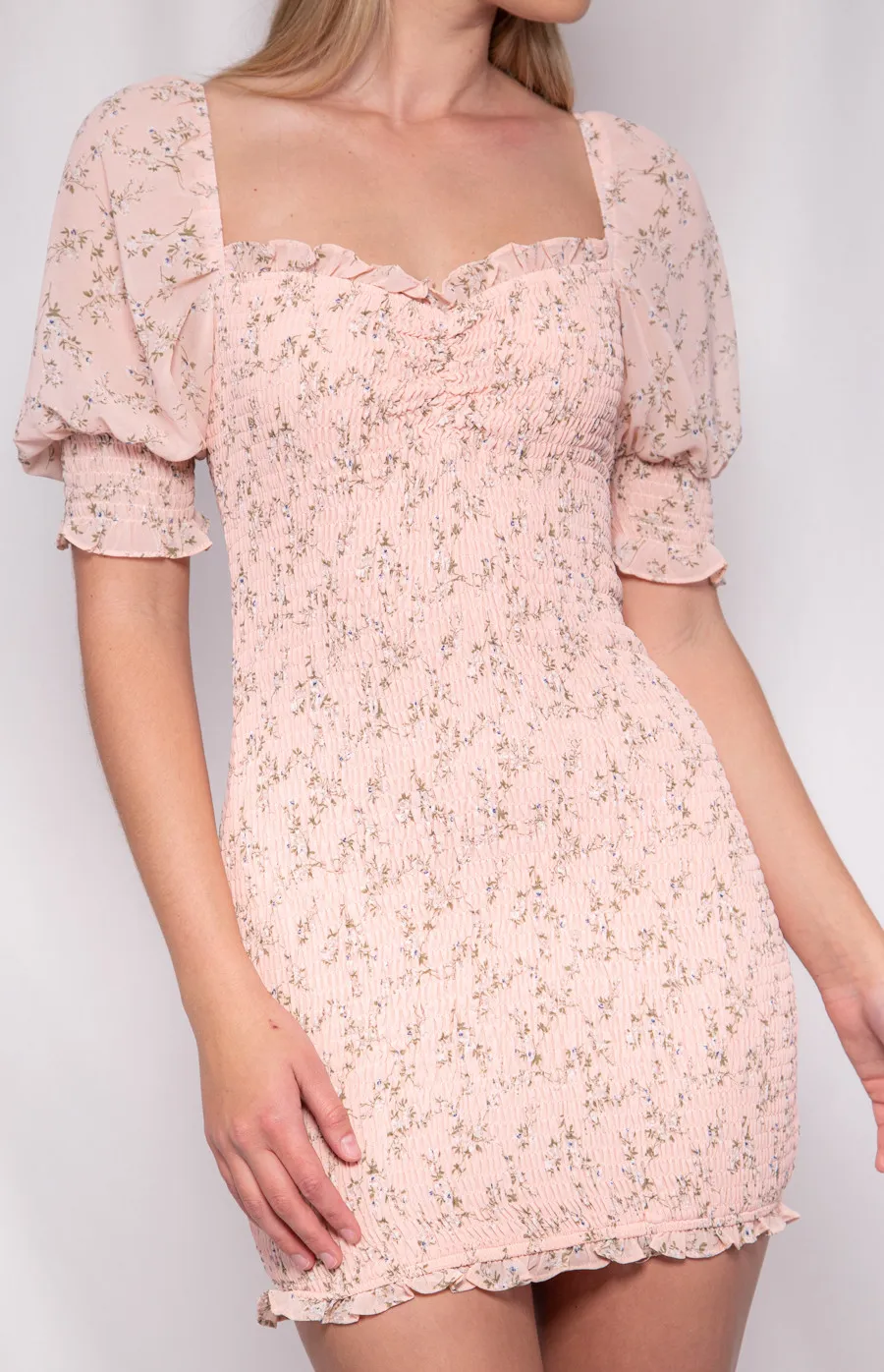 Printed Shirred Dress with Bubble Sleeve and Frill Details (WDR216A)