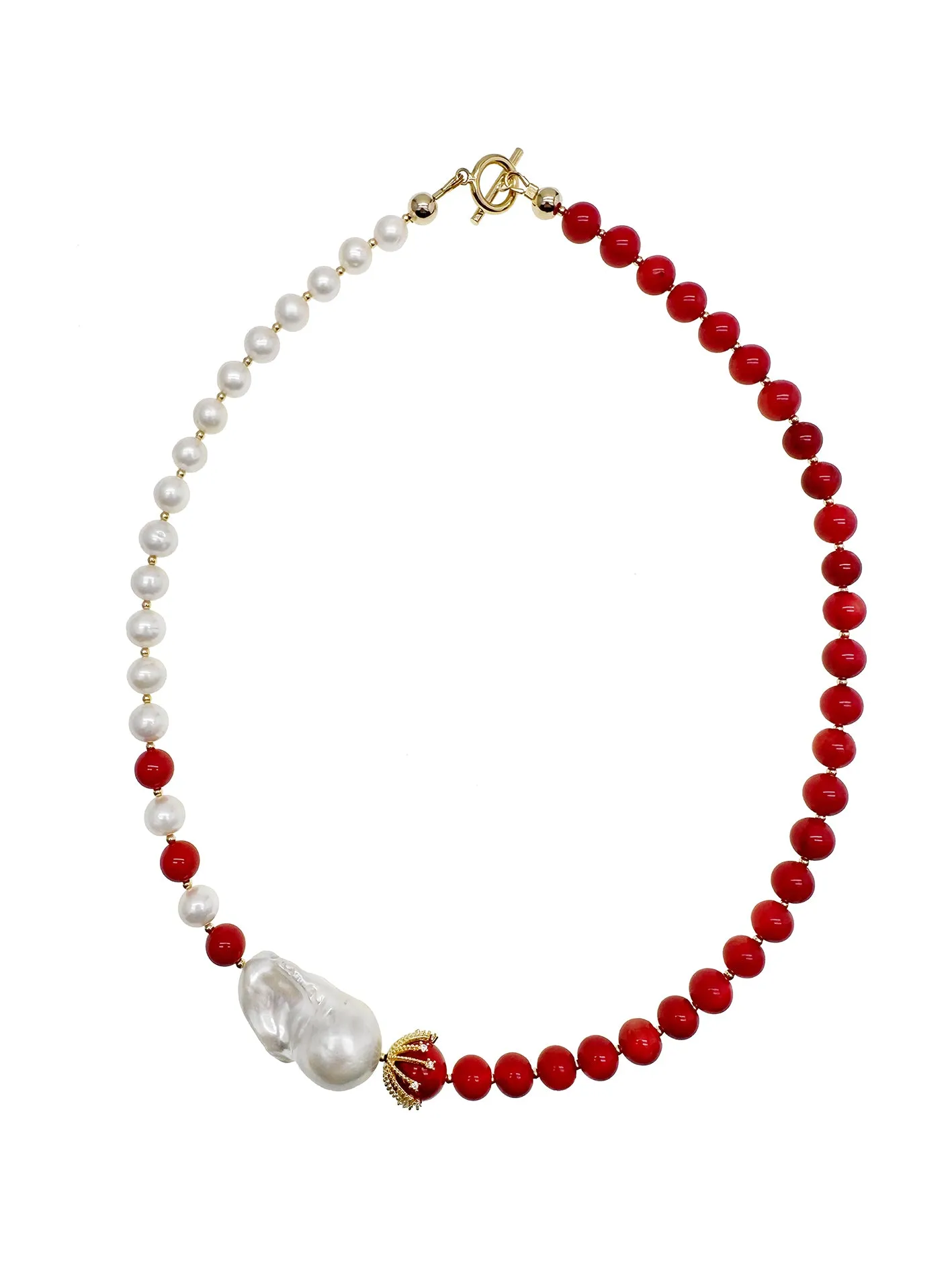 Red Bamboo Coral & Freshwater Pearls Asymmetric Necklace KN052