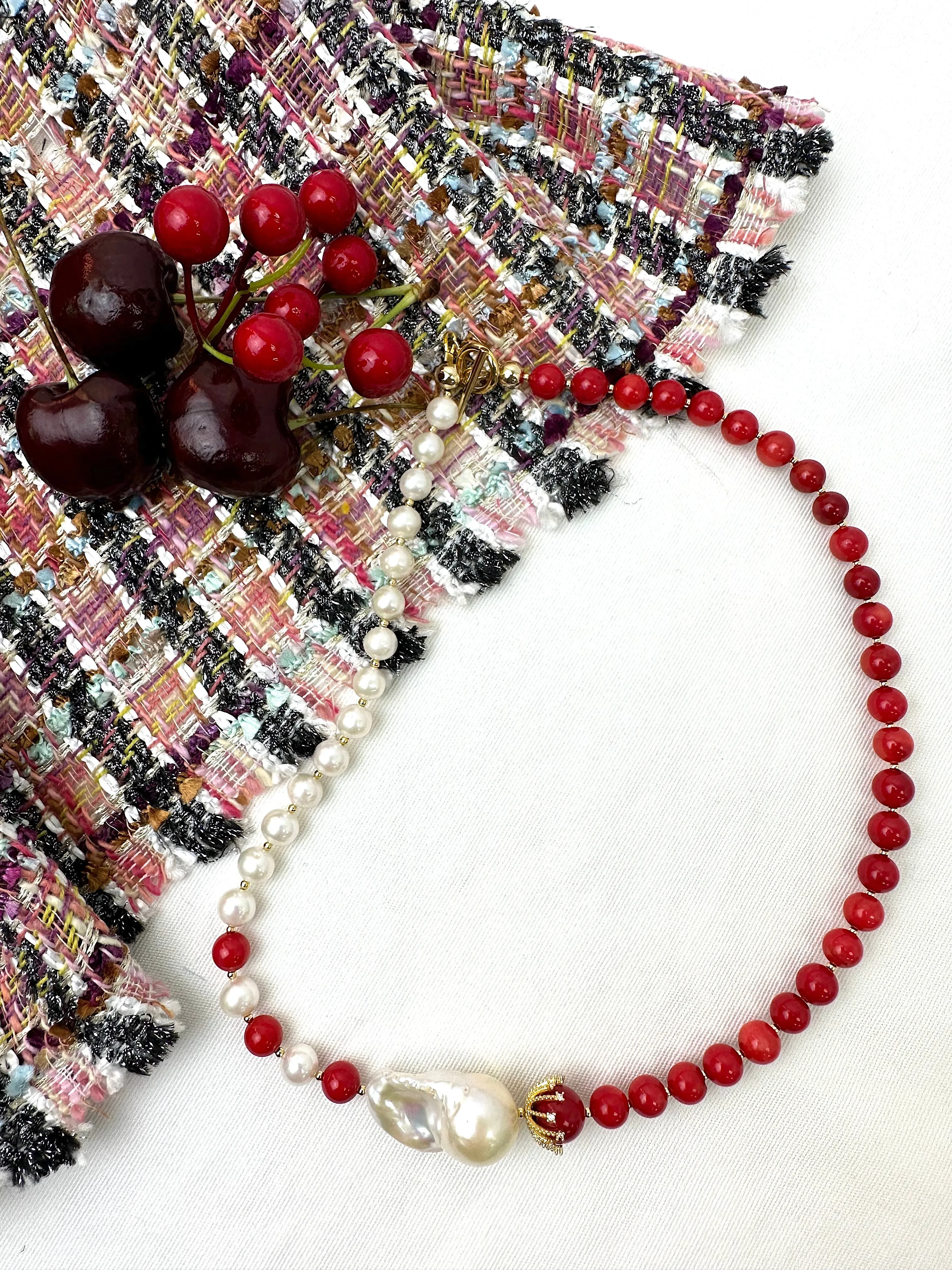 Red Bamboo Coral & Freshwater Pearls Asymmetric Necklace KN052