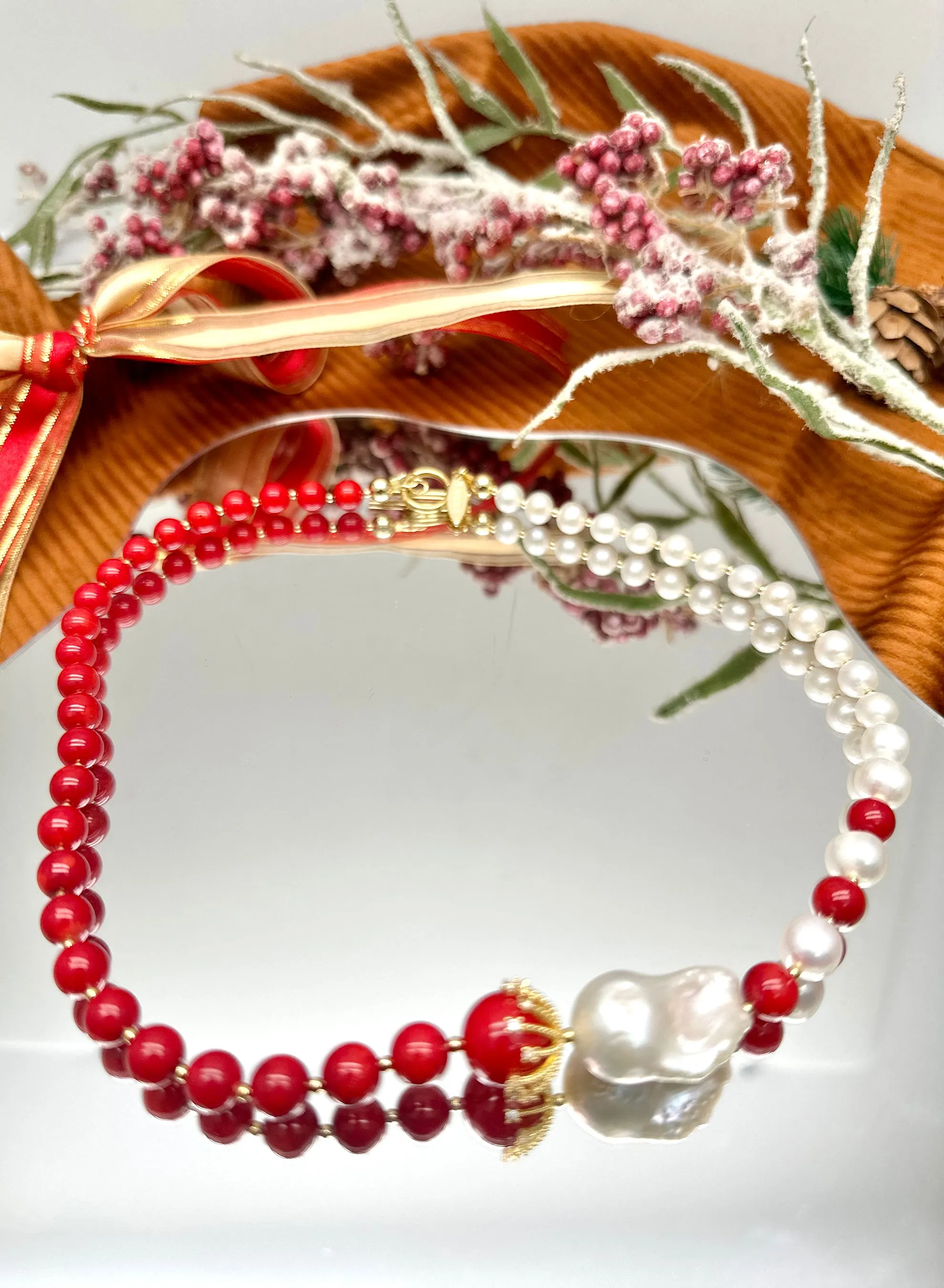 Red Bamboo Coral & Freshwater Pearls Asymmetric Necklace KN052