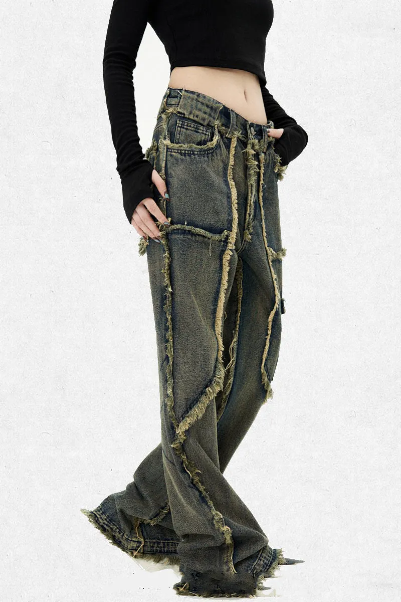 Retro Frayed Edge Wide-Leg Jeans