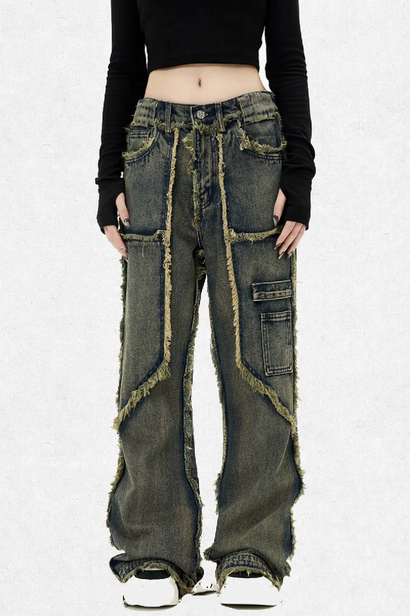 Retro Frayed Edge Wide-Leg Jeans