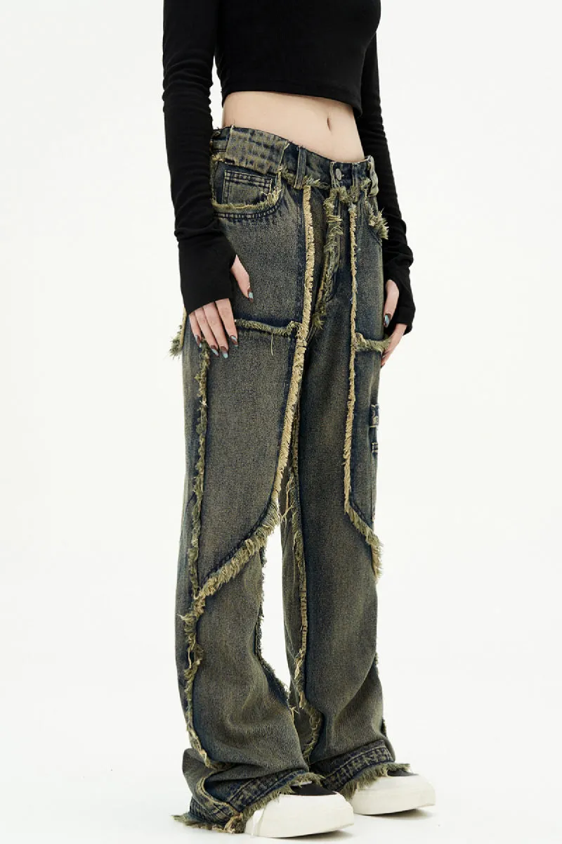 Retro Frayed Edge Wide-Leg Jeans