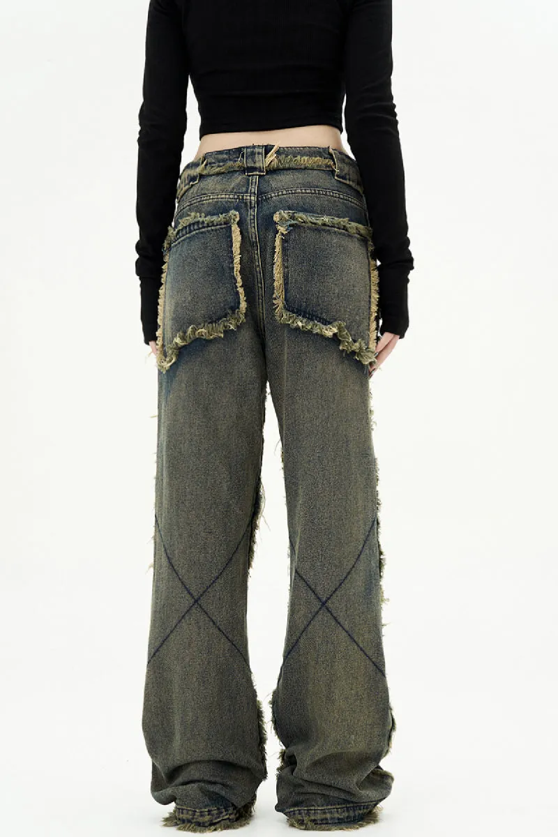 Retro Frayed Edge Wide-Leg Jeans