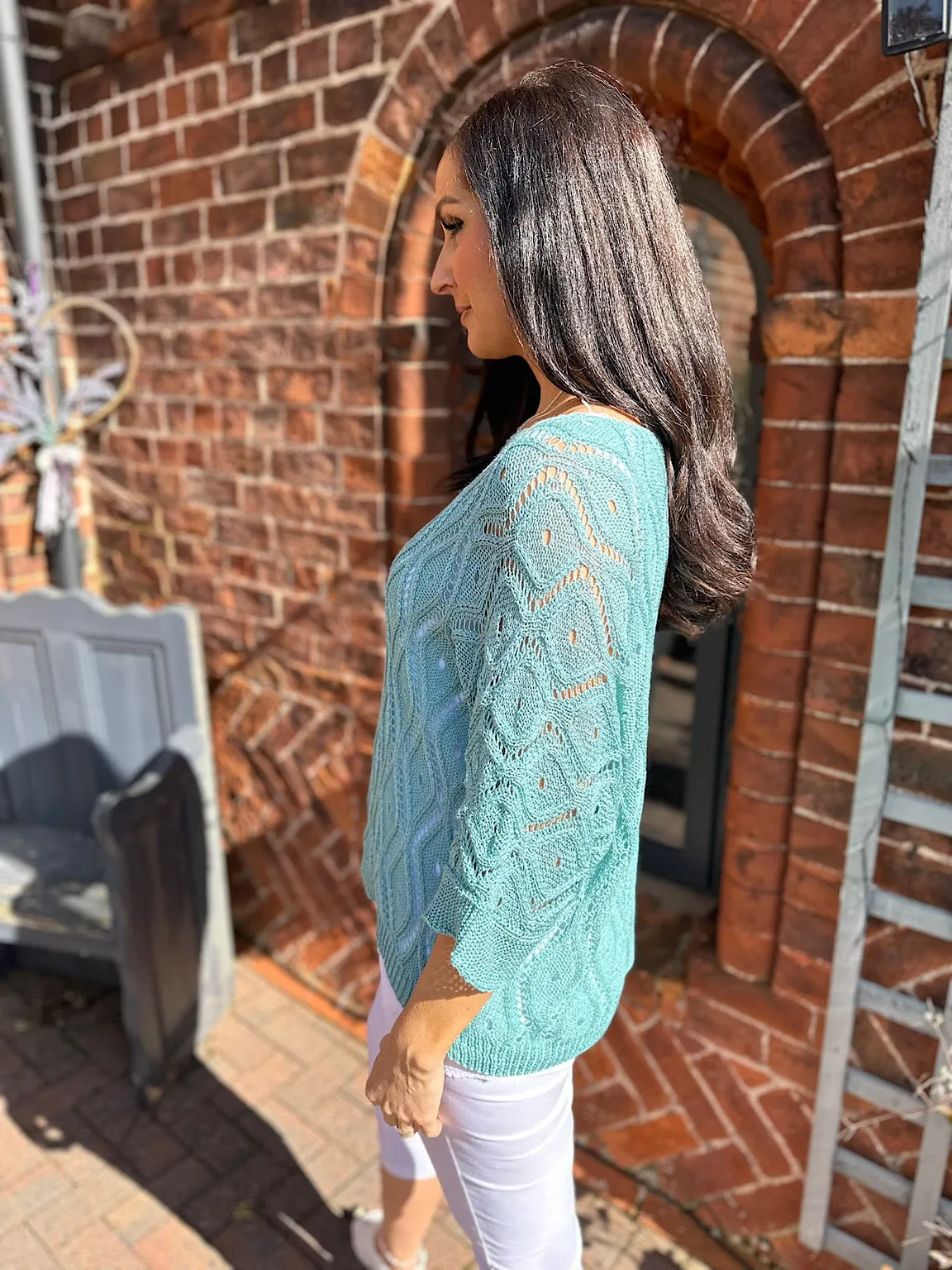 Sage Crochet Patterned Batwing Knit Dolly