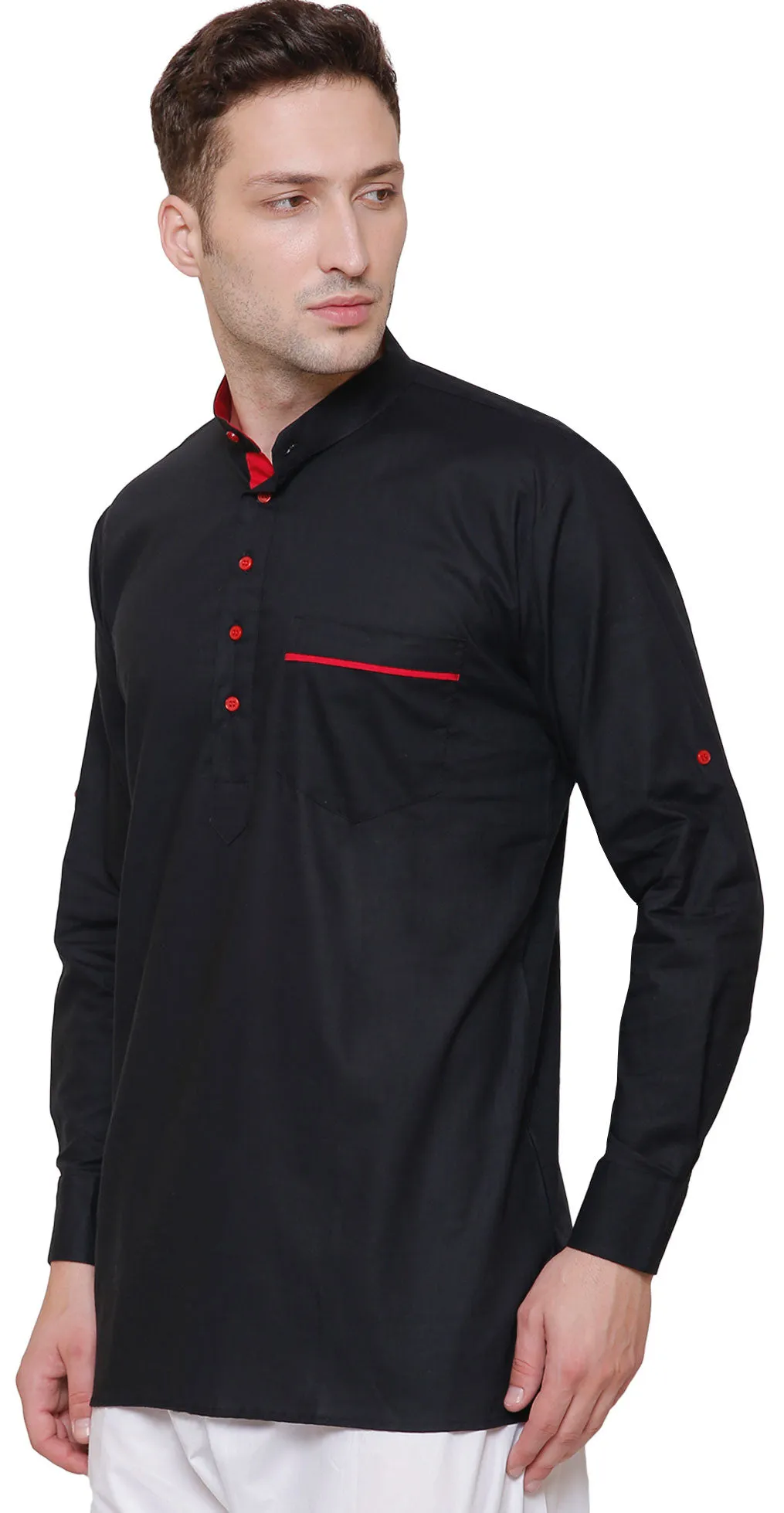 Short Kurta Shirt Mens Fine Cotton Designer Indian Fashion Clothes (Black)