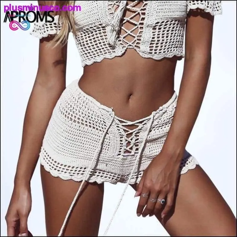 Shorts Summer Lace Up Mid Elastic Boho White Knitted Crochet