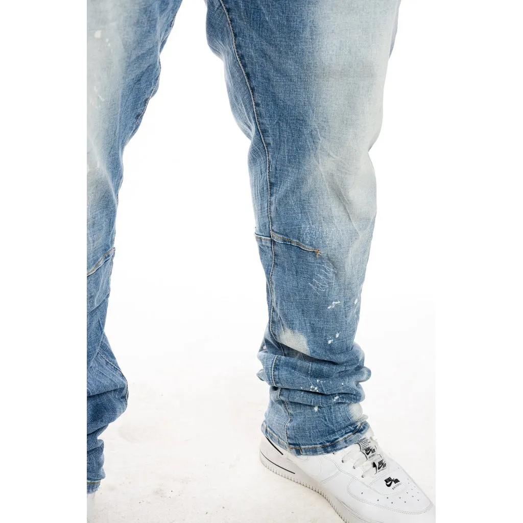 Slim Tapered Bleached Detail Jeans - Ocean Blue