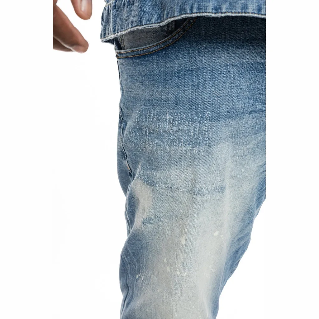 Slim Tapered Bleached Detail Jeans - Ocean Blue