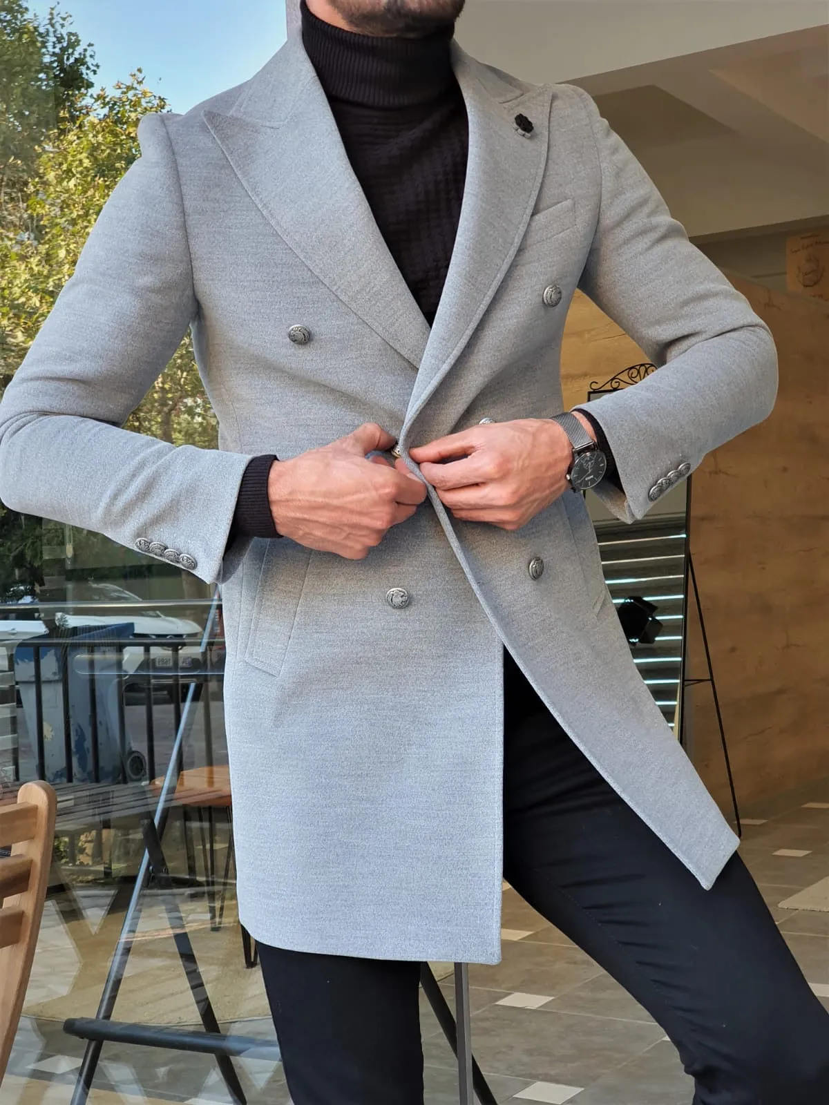 Stefano Gray Slim Fit Wool Long Coat