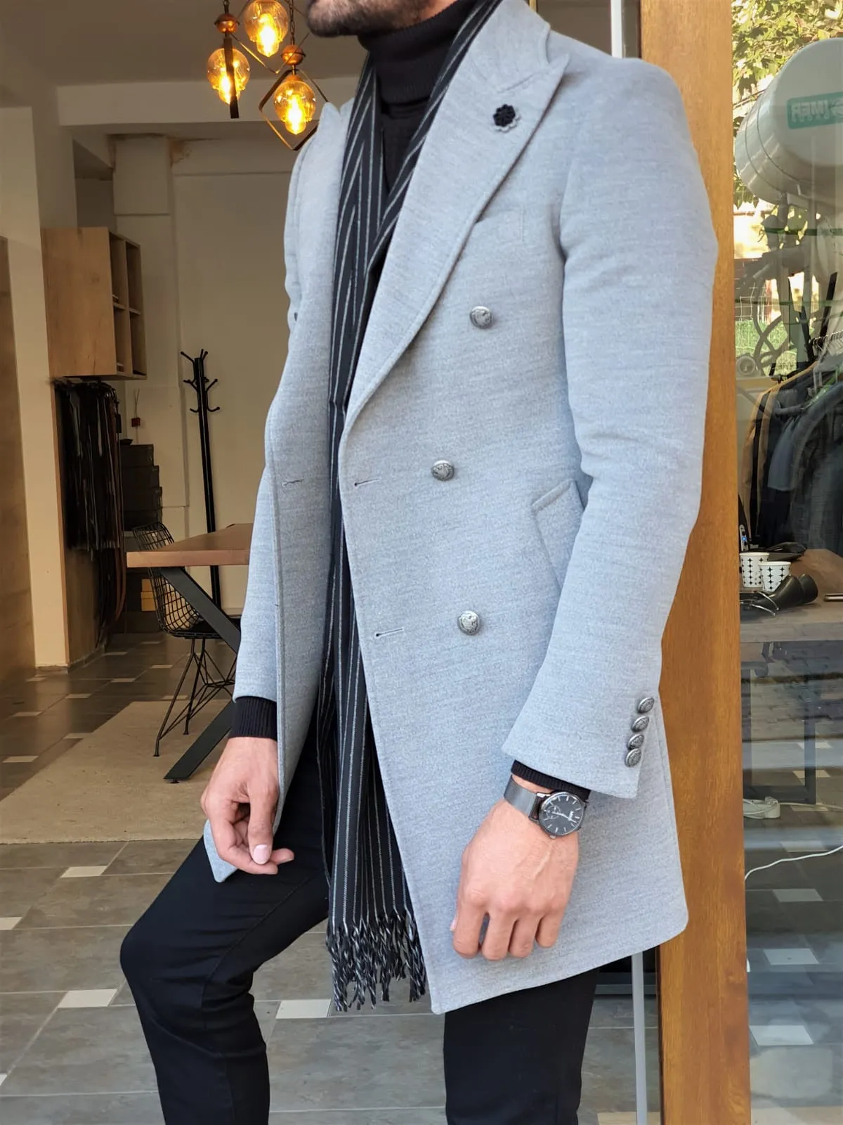 Stefano Gray Slim Fit Wool Long Coat