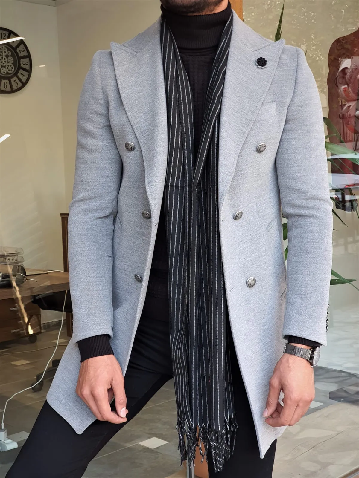 Stefano Gray Slim Fit Wool Long Coat