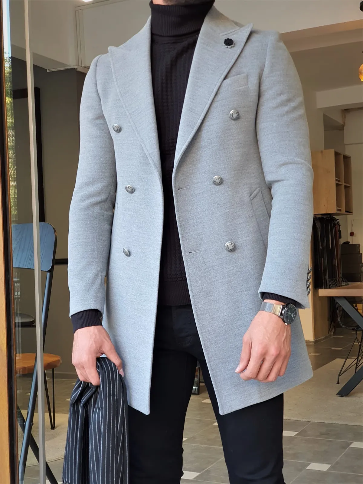 Stefano Gray Slim Fit Wool Long Coat