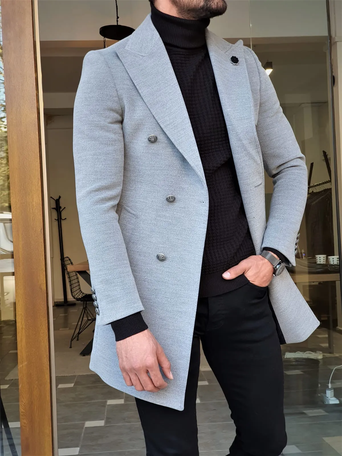 Stefano Gray Slim Fit Wool Long Coat