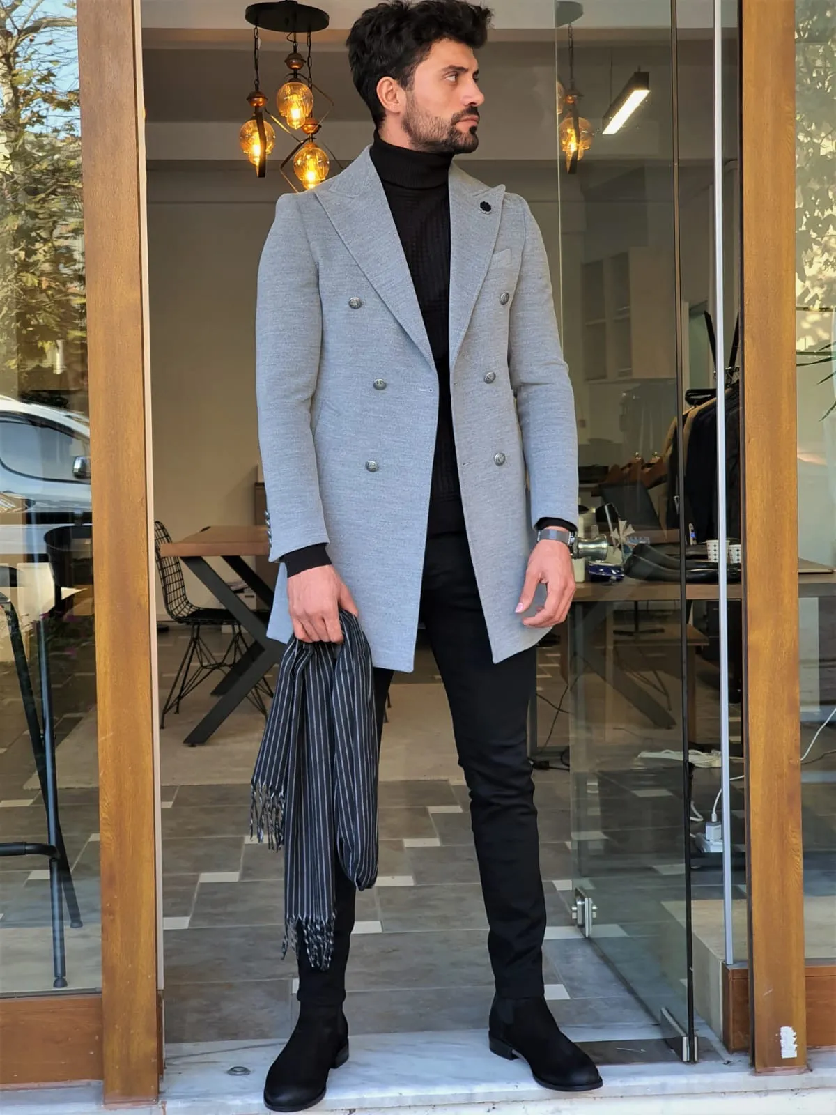 Stefano Gray Slim Fit Wool Long Coat