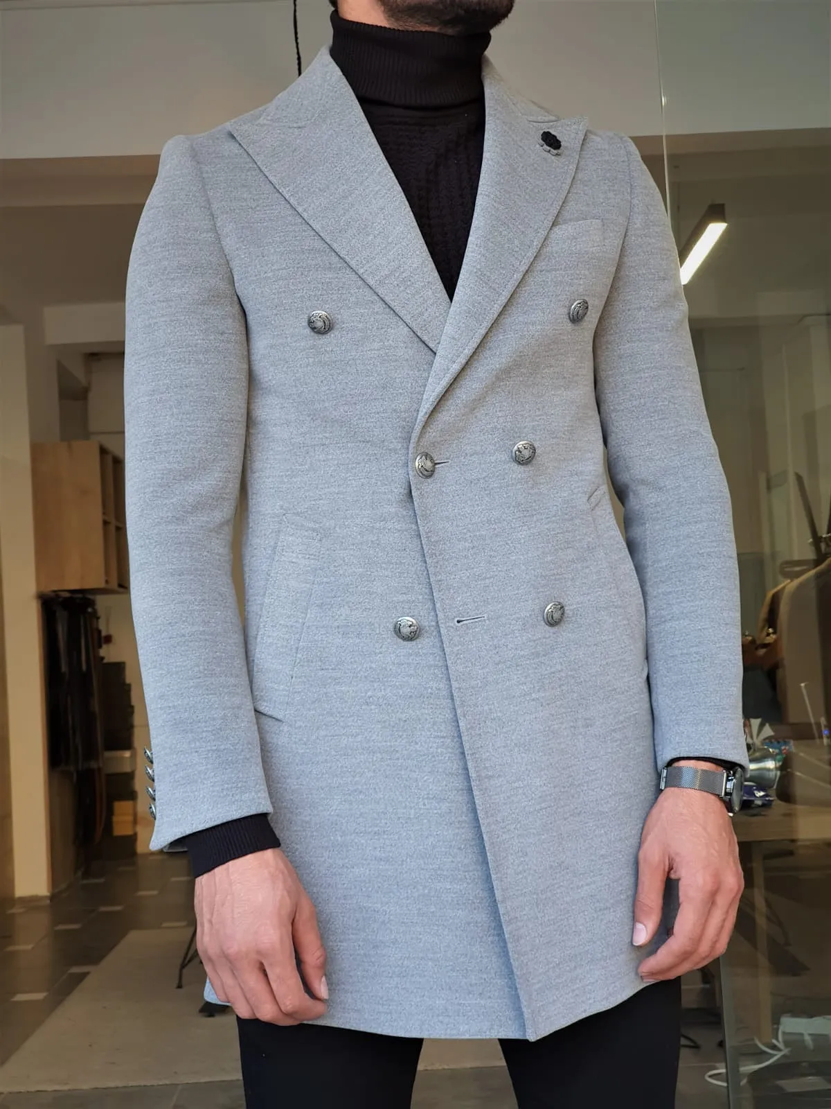 Stefano Gray Slim Fit Wool Long Coat