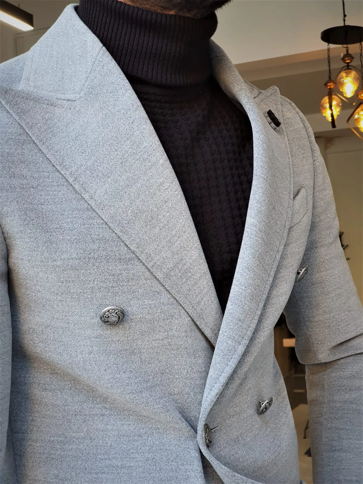 Stefano Gray Slim Fit Wool Long Coat