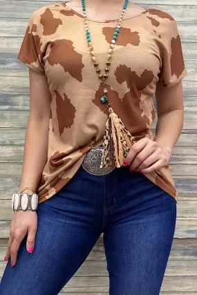 Tan & Brown Cow Print short sleeve top, criss cross back