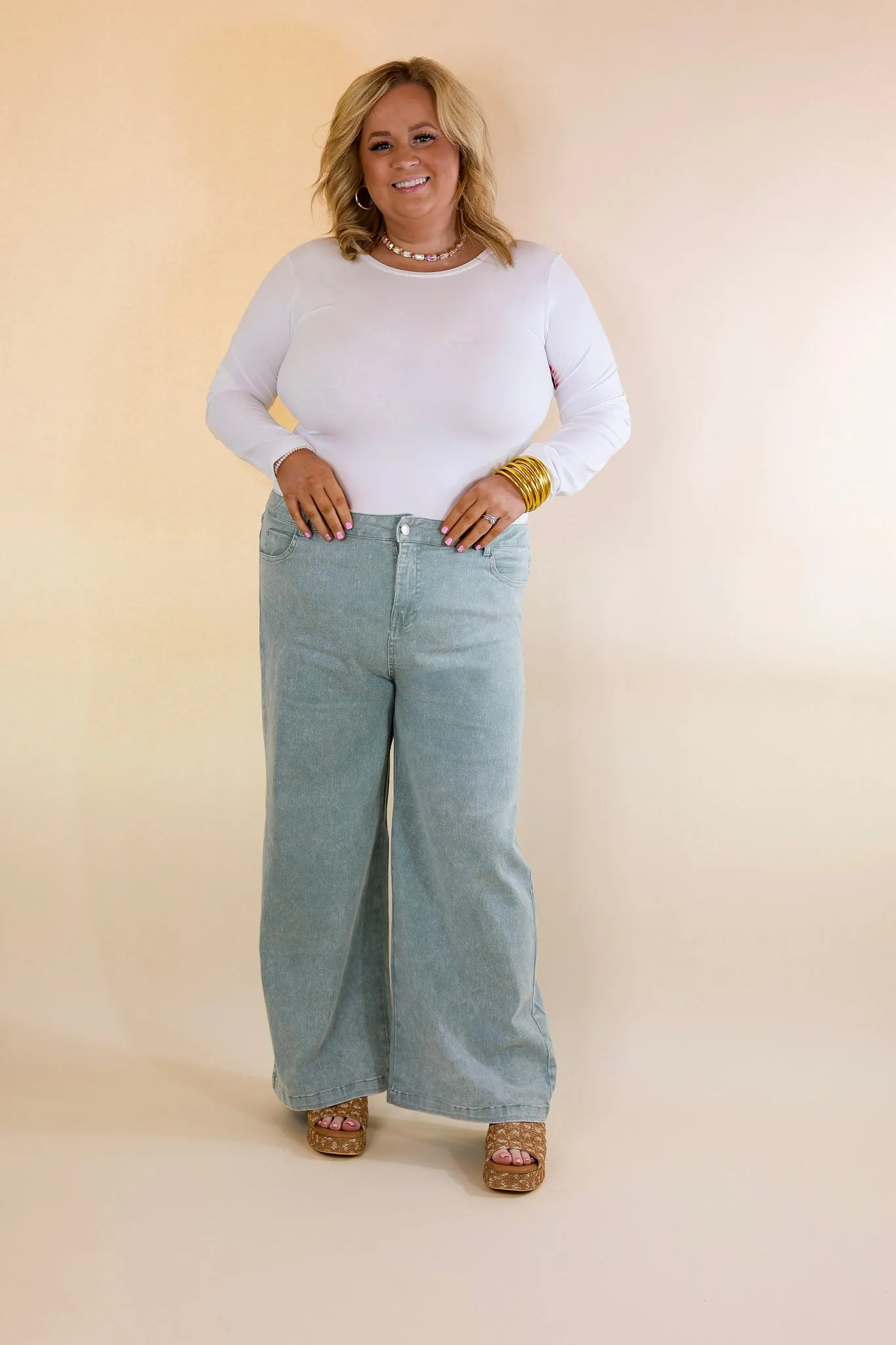 The Best Cropped Wide Leg Jeans in Seafoam Green