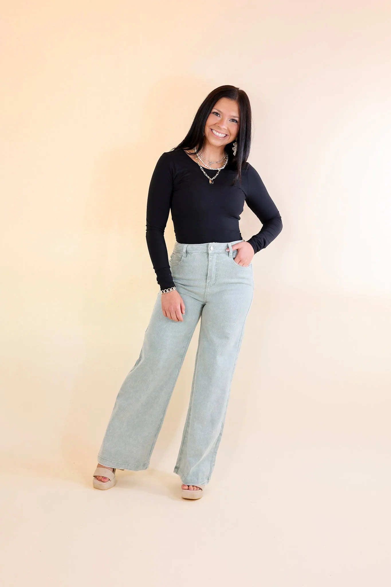 The Best Cropped Wide Leg Jeans in Seafoam Green