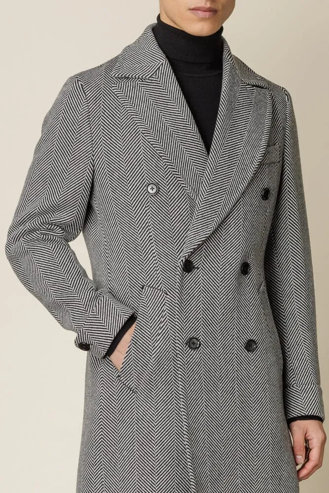 The Macpherson Long Overcoat - Black & White Wide Herringbone