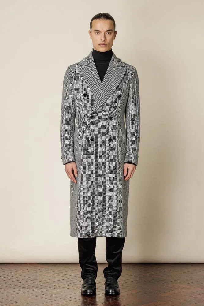 The Macpherson Long Overcoat - Black & White Wide Herringbone