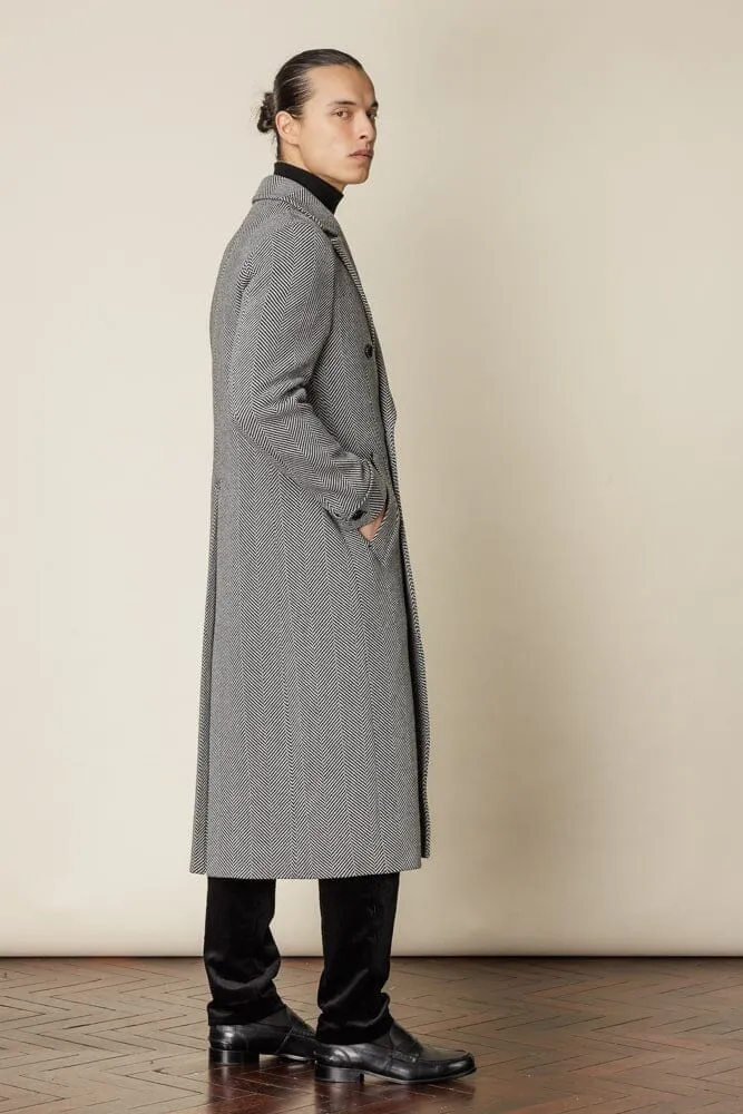 The Macpherson Long Overcoat - Black & White Wide Herringbone