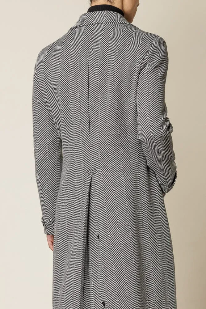 The Macpherson Long Overcoat - Black & White Wide Herringbone