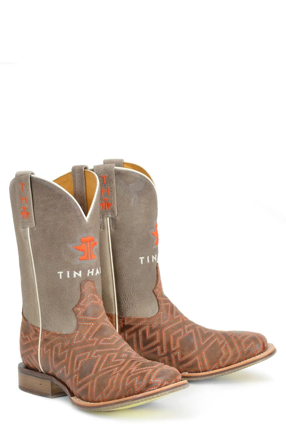 Tin Haul Mens Bucking Puzzle Brown Leather Cowboy Boots