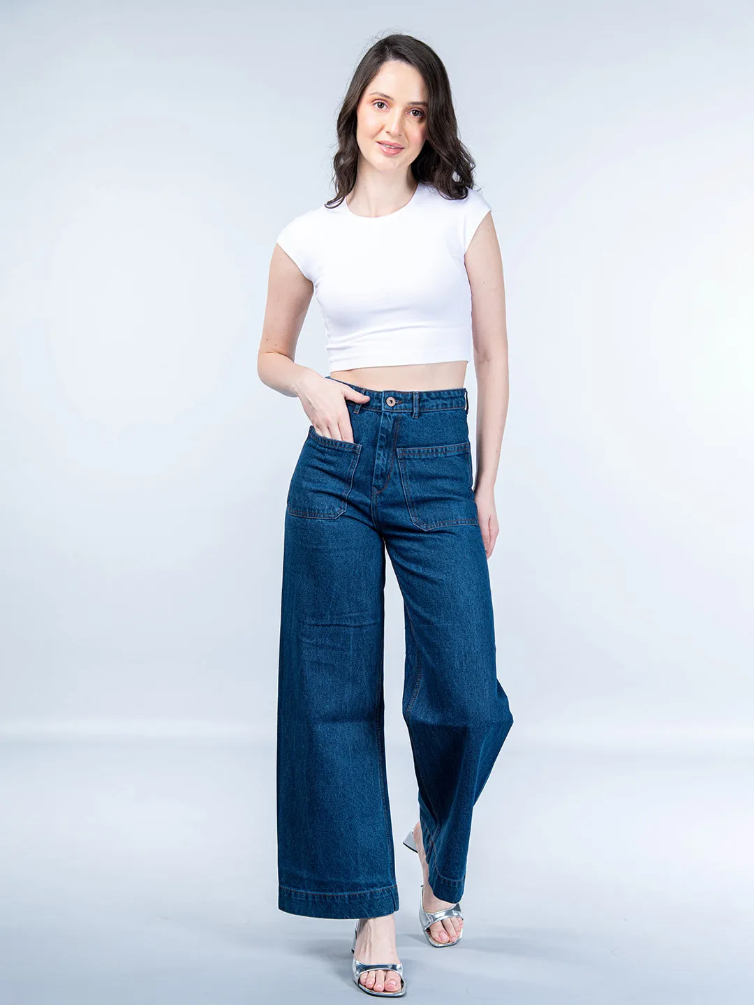 Two Pocket Dark Blue Flared Jeans For Women