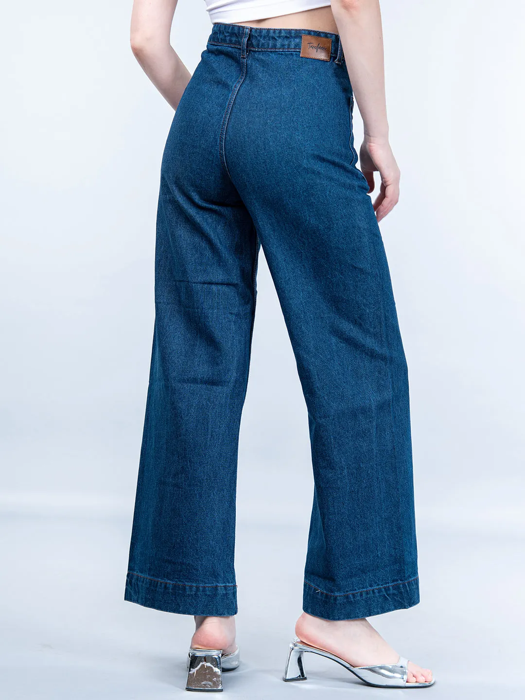 Two Pocket Dark Blue Flared Jeans For Women