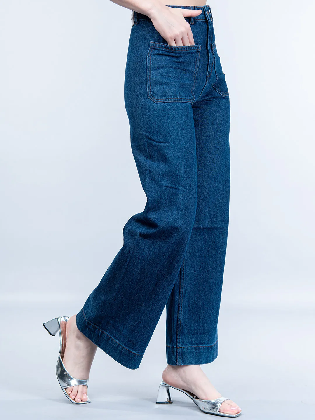 Two Pocket Dark Blue Flared Jeans For Women