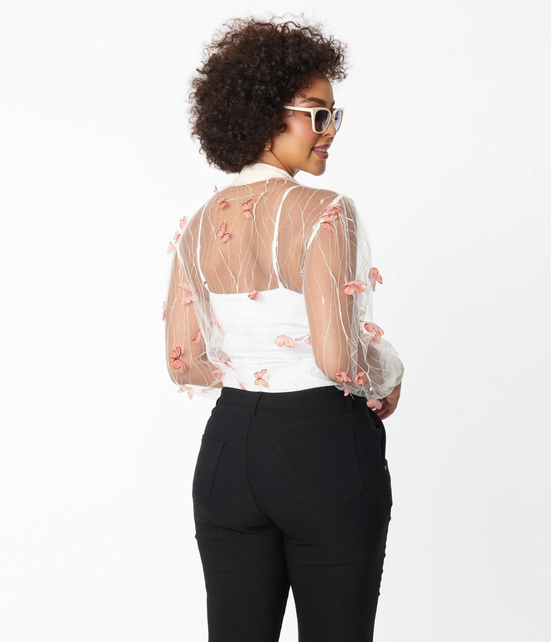 Unique Vintage Ivory & Butterfly Mesh Gwen Blouse