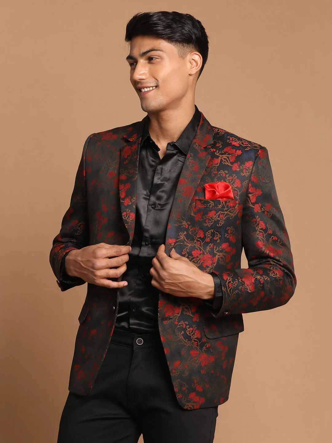 VASTRAMAY Men's Black And Red Woven Blazer