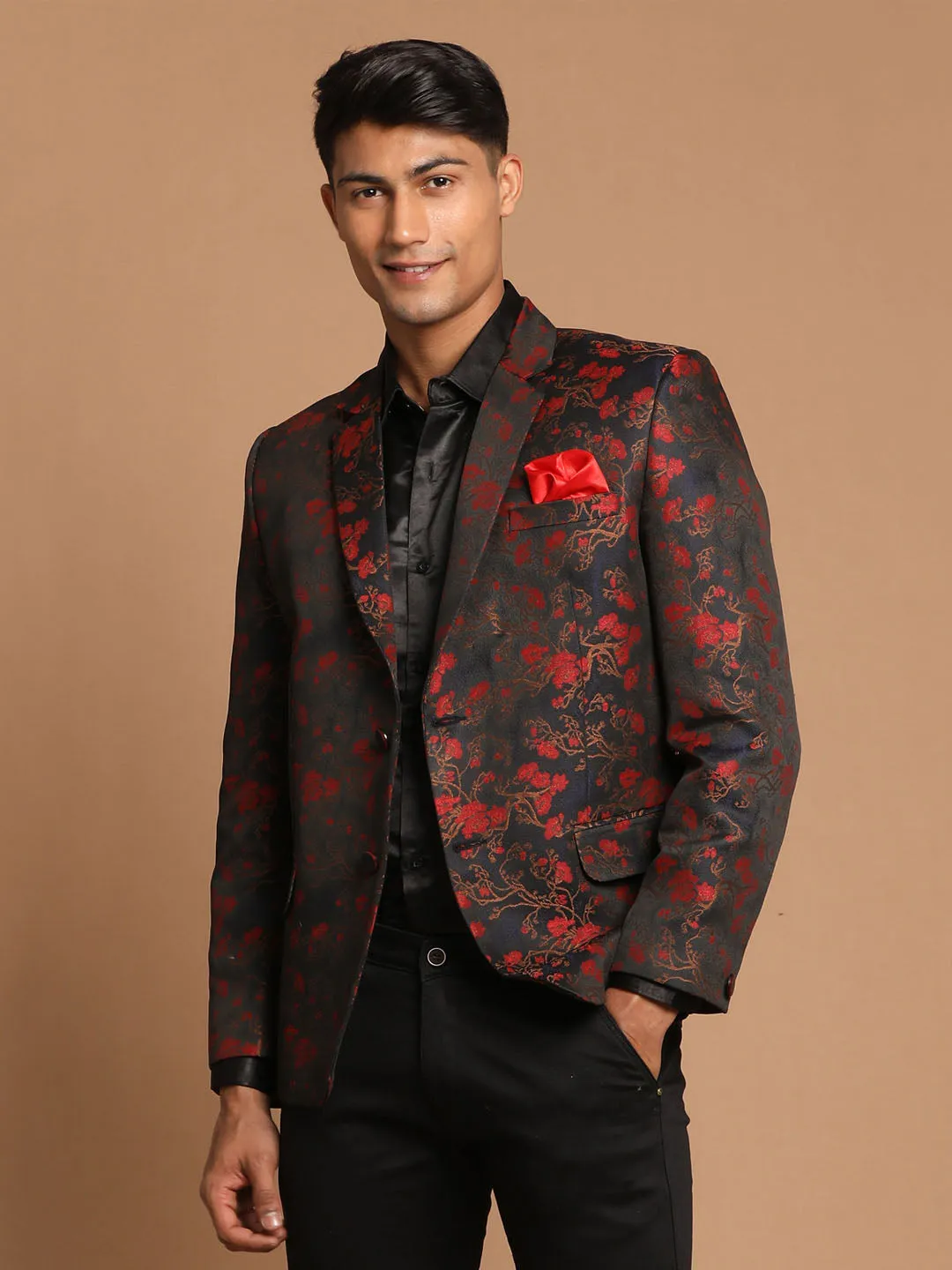 VASTRAMAY Men's Black And Red Woven Blazer