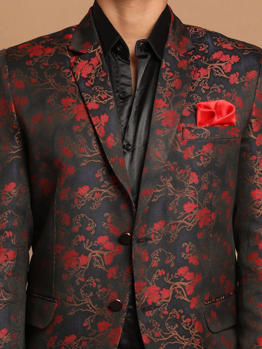 VASTRAMAY Men's Black And Red Woven Blazer